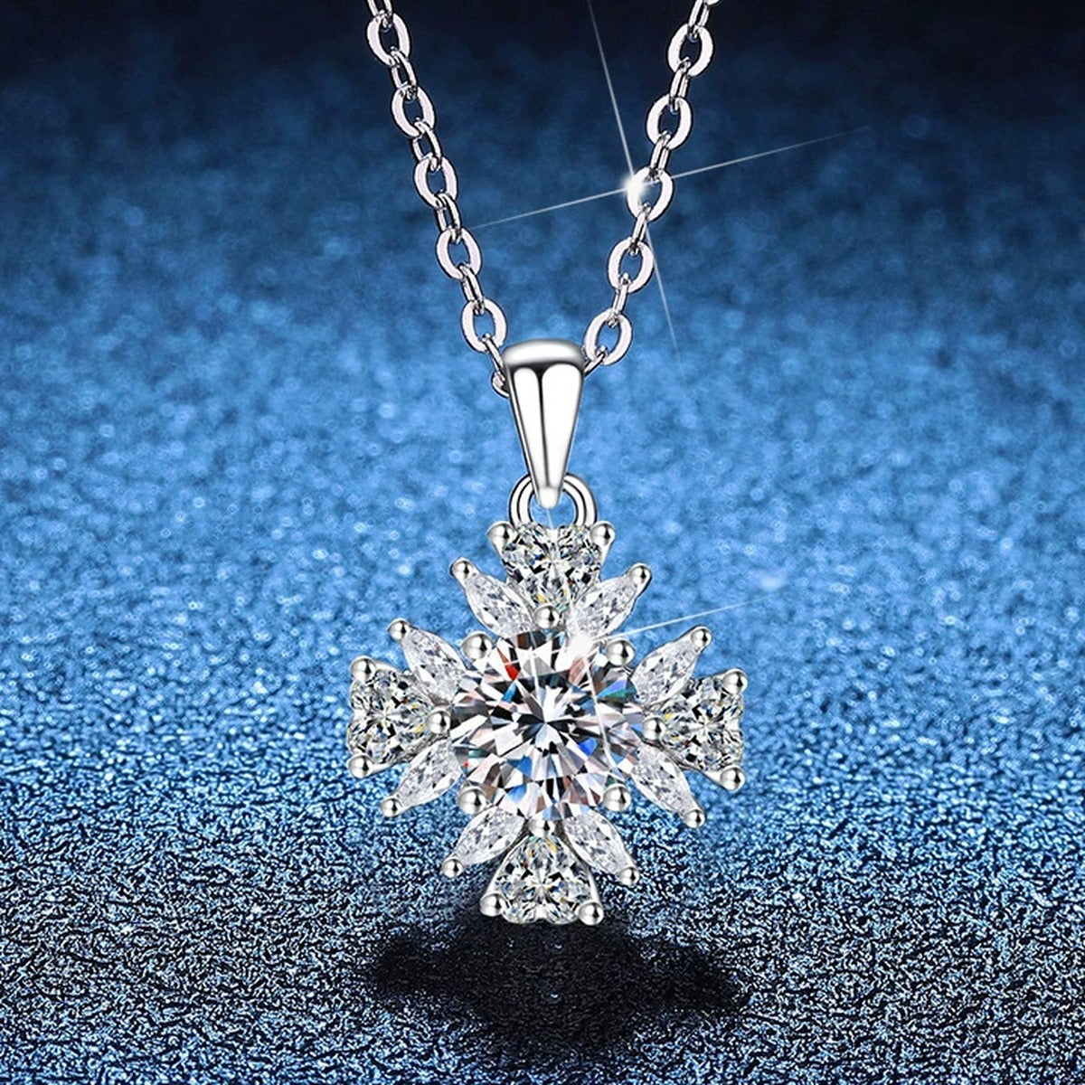 Snowflake Moissanite Pendant Necklace with Cubic Zirconia in Platinum-Plated S925 Sterling Silver blue background product view