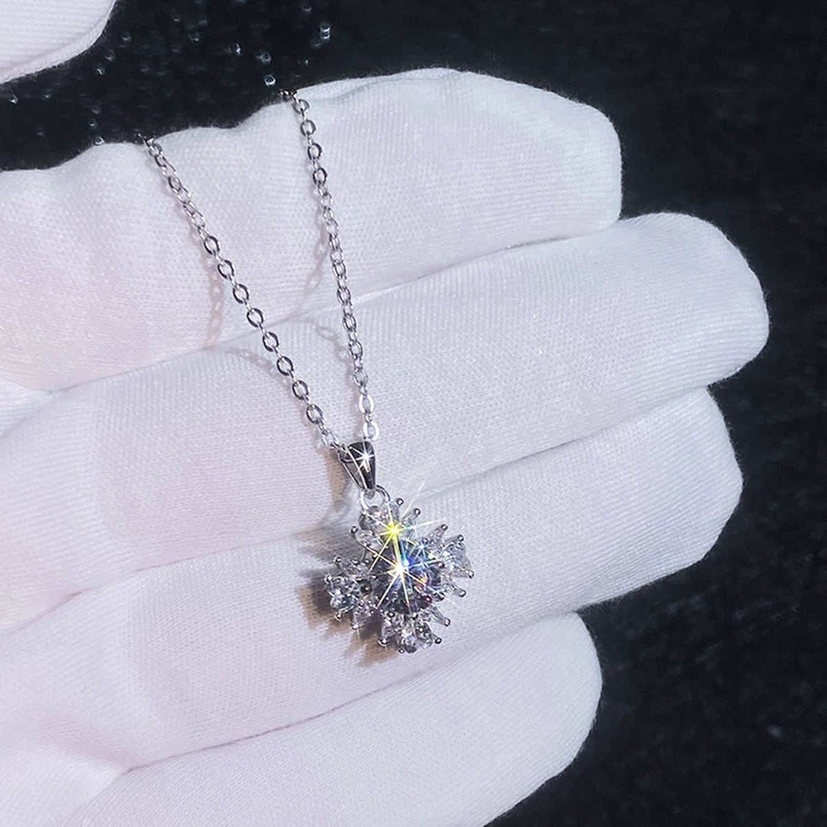 Snowflake Moissanite Pendant Necklace with Cubic Zirconia in Platinum-Plated S925 Sterling Silver dark background product display view