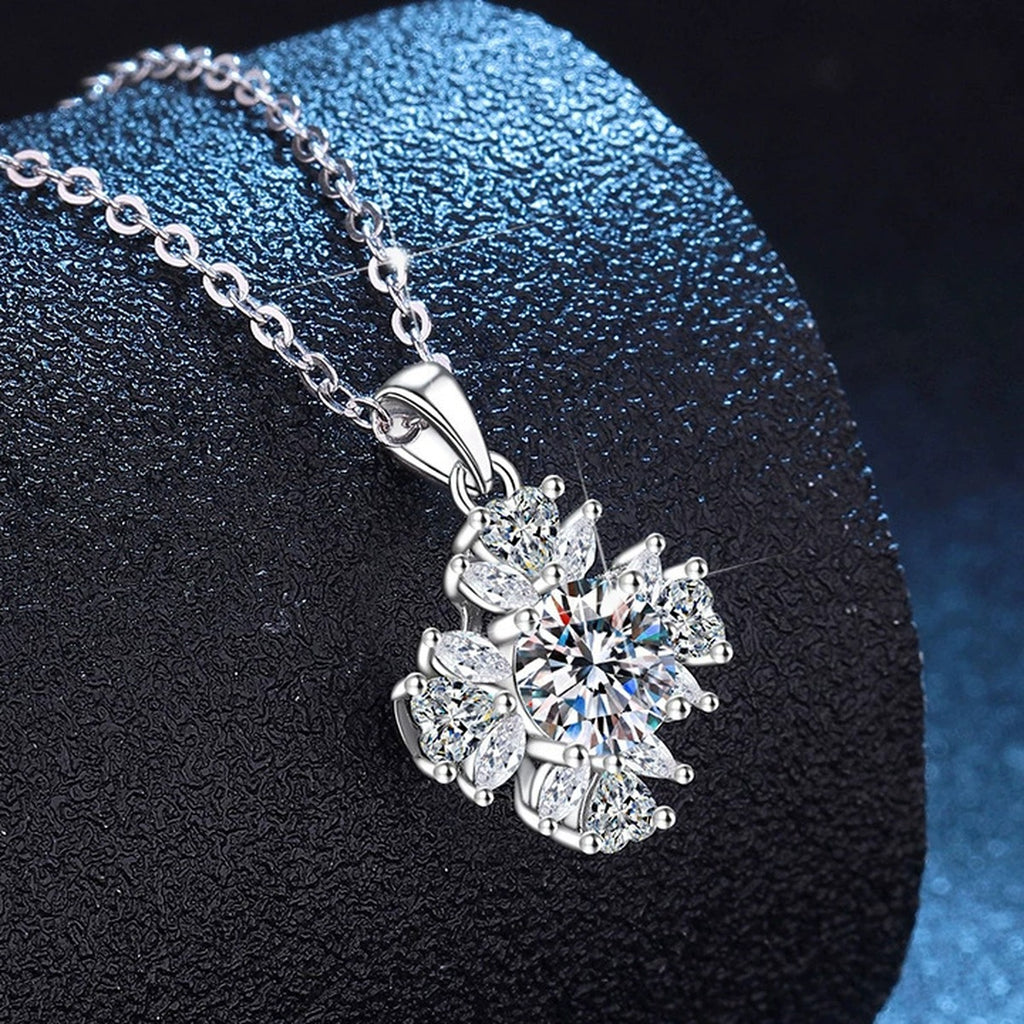 Snowflake Moissanite Pendant Necklace with Cubic Zirconia in Platinum-Plated S925 Sterling Silver dark background product display view