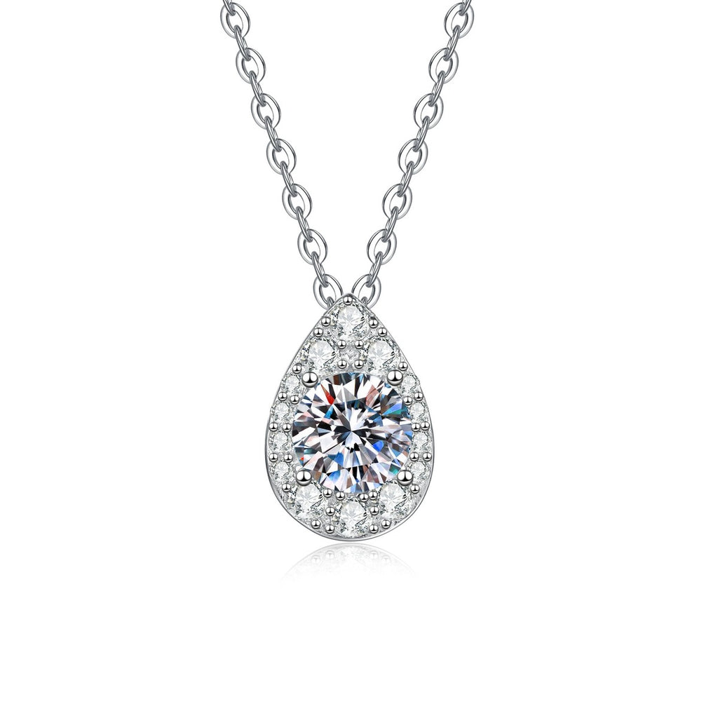 Pear Halo Moissanite Pendant Necklace with Cubic Zirconia in Platinum-Plated S925 Sterling Silver on clean white background showing the pear halo pendant with a round moissanite center