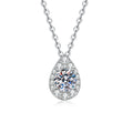 Pear Halo Moissanite Pendant Necklace with Cubic Zirconia in Platinum-Plated S925 Sterling Silver on clean white background showing the pear halo pendant with a round moissanite center
