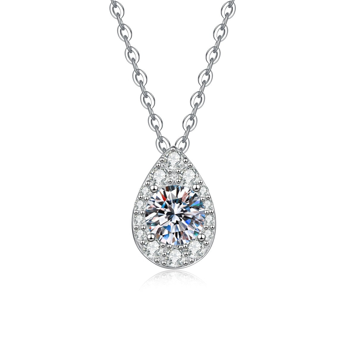 Pear Halo Moissanite Pendant Necklace with Cubic Zirconia in Platinum-Plated S925 Sterling Silver on clean white background showing the pear halo pendant with a round moissanite center
