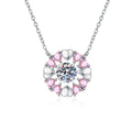 Floral Moissanite Pendant Necklace with Pink Cubic Zirconia in Platinum-Plated S925 Sterling Silver on clean white background showing the floral halo pendant with pink cubic zirconia accents