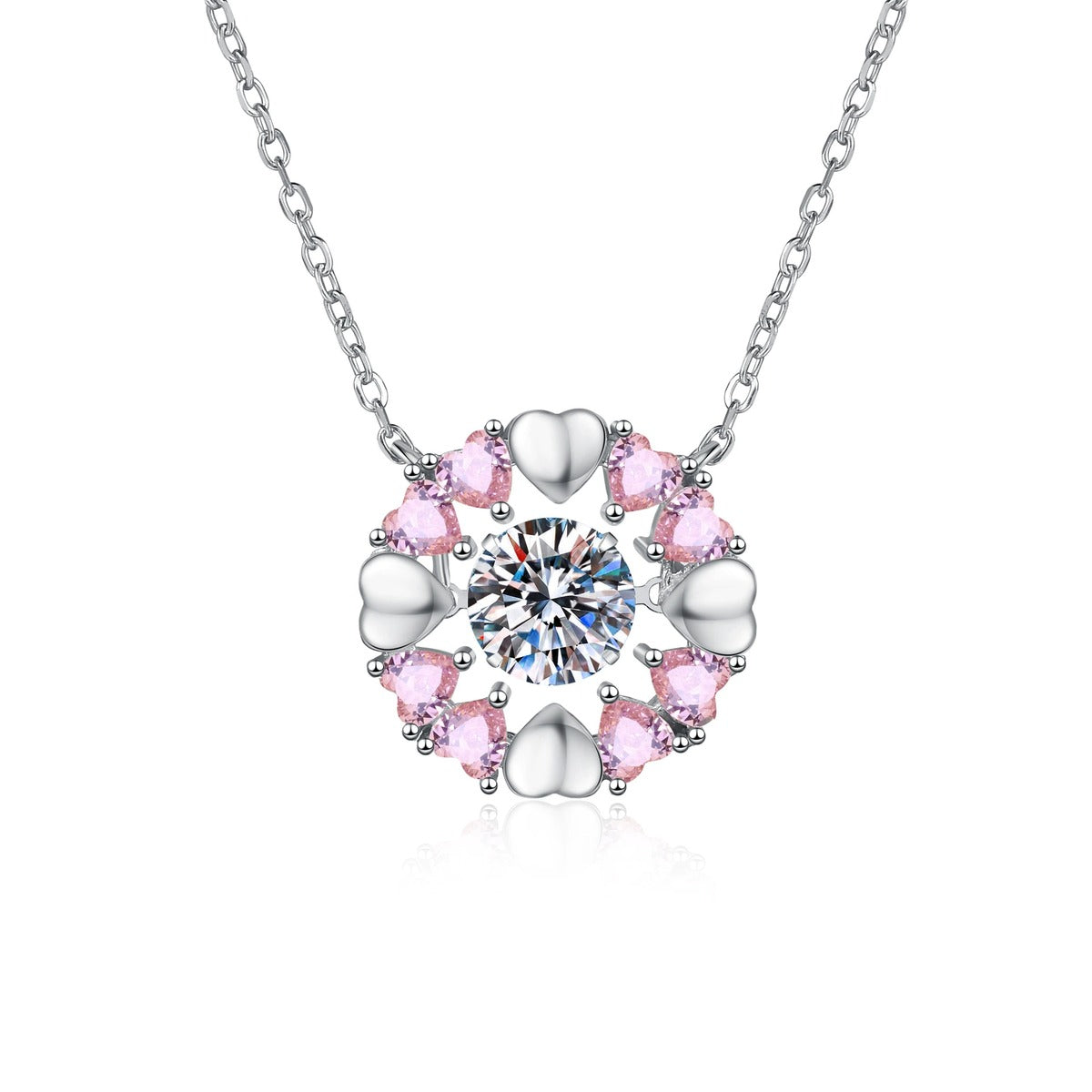 Floral Moissanite Pendant Necklace with Pink Cubic Zirconia in Platinum-Plated S925 Sterling Silver on clean white background showing the floral halo pendant with pink cubic zirconia accents