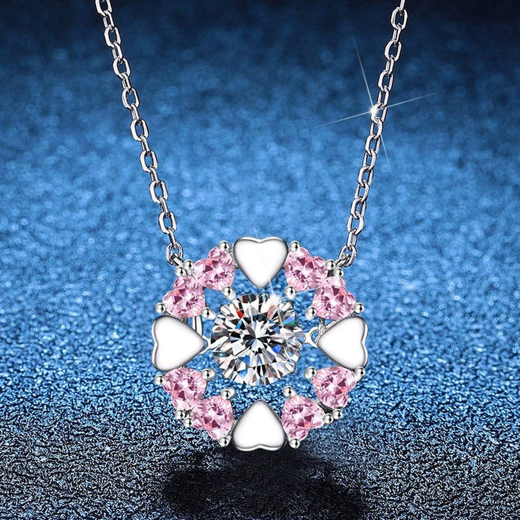 Floral Moissanite Pendant Necklace with Pink Cubic Zirconia in Platinum-Plated S925 Sterling Silver blue background close-up view