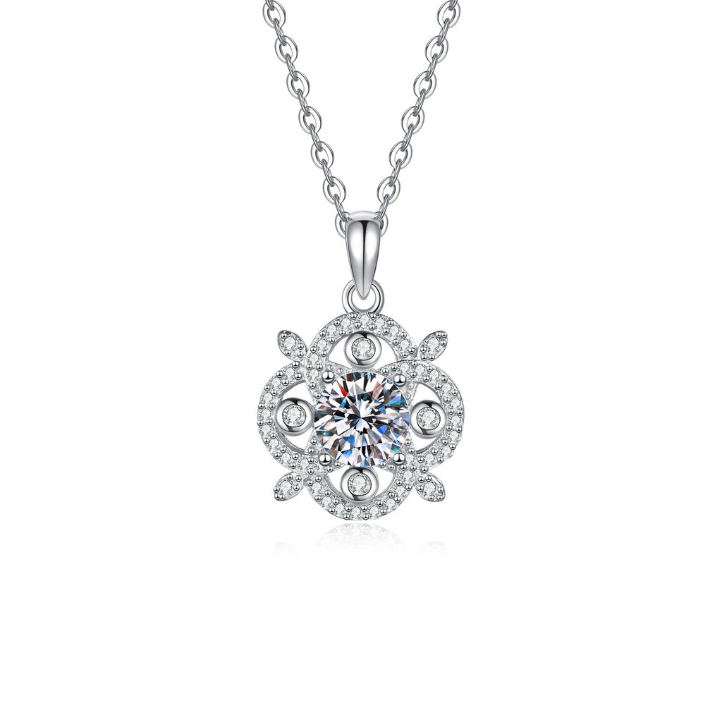 Ornate Round Moissanite Pendant Necklace with Cubic Zirconia in Platinum-Plated S925 Sterling Silver on clean white background showing the ornate round pendant with scroll-like cubic zirconia details