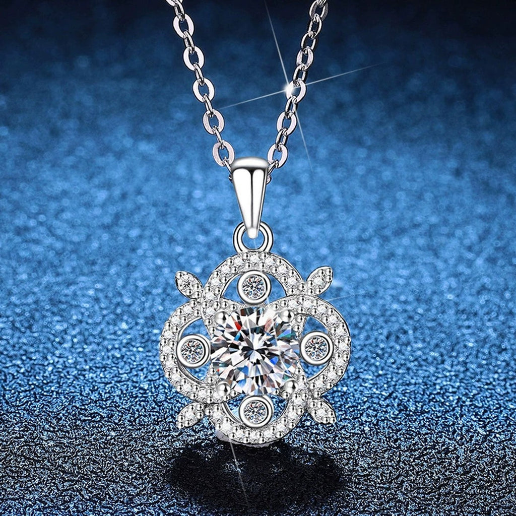 Ornate Round Moissanite Pendant Necklace with Cubic Zirconia in Platinum-Plated S925 Sterling Silver blue background product view