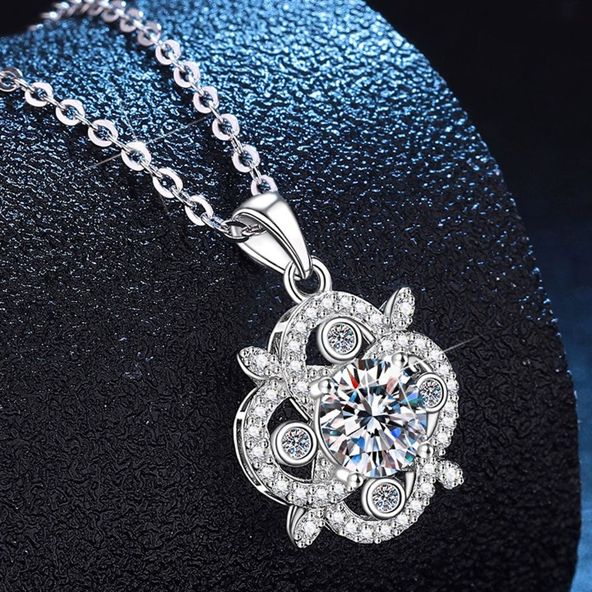 Ornate Round Moissanite Pendant Necklace with Cubic Zirconia in Platinum-Plated S925 Sterling Silver dark background product display view