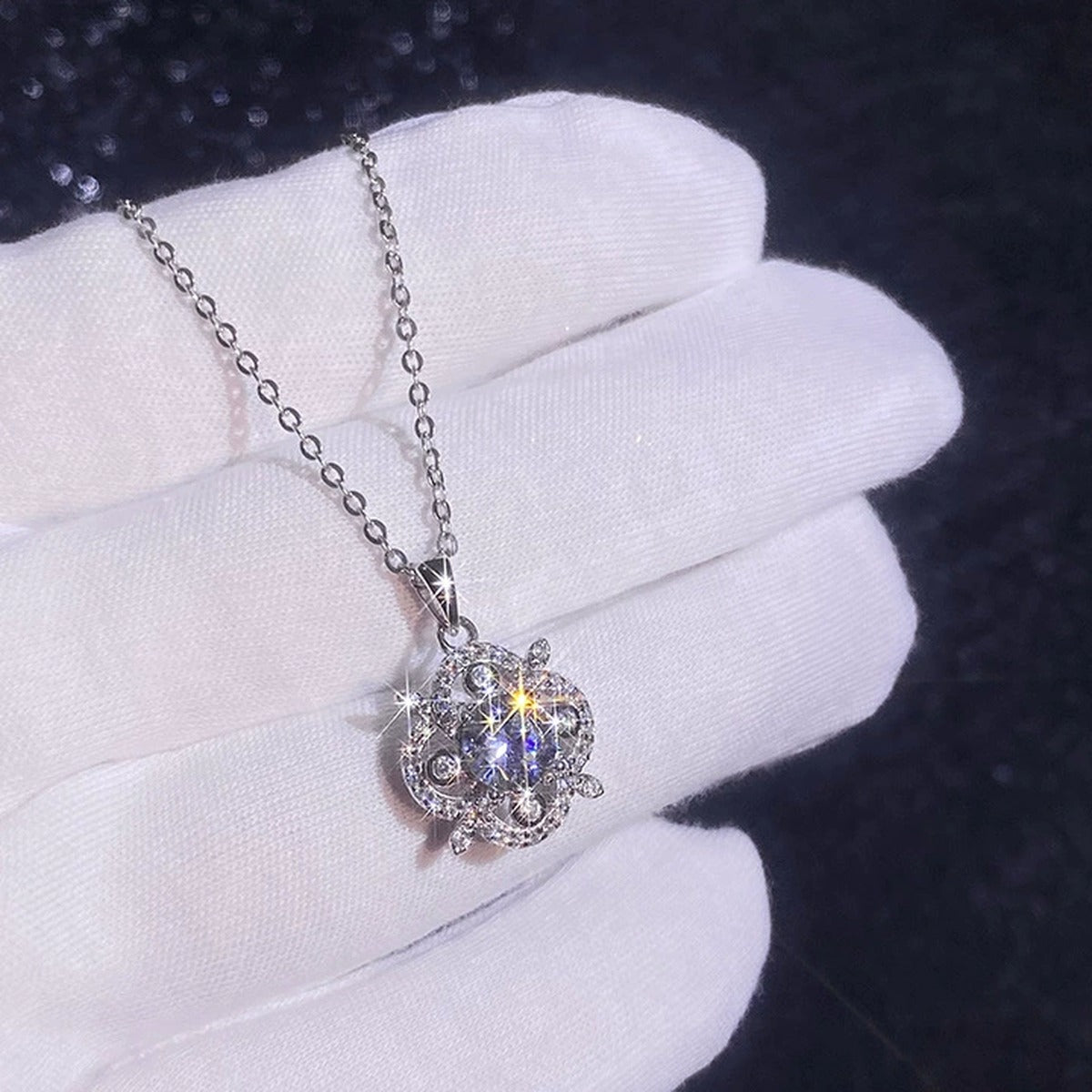 Ornate Round Moissanite Pendant Necklace with Cubic Zirconia in Platinum-Plated S925 Sterling Silver dark background product display view