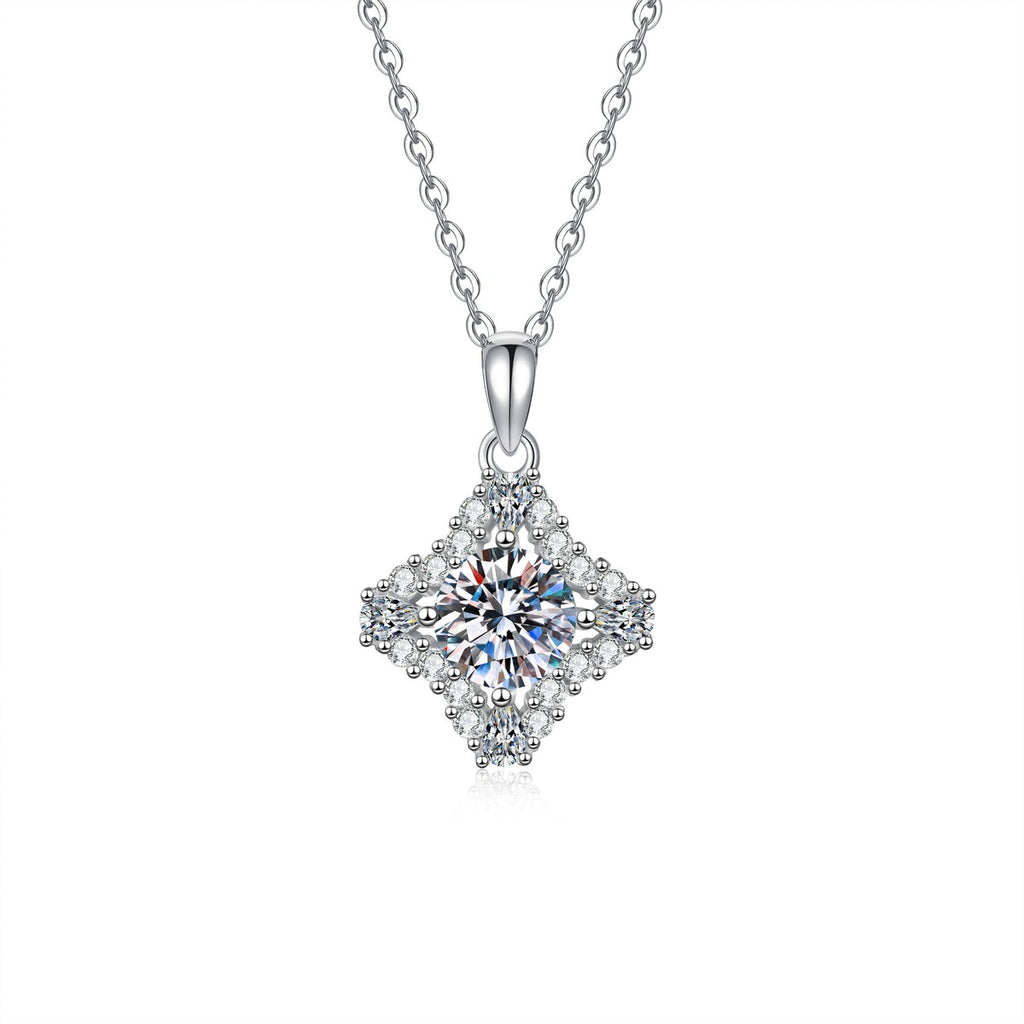 Kite Halo Moissanite Pendant Necklace with Cubic Zirconia in Platinum-Plated S925 Sterling Silver on clean white background showing the kite-shaped halo pendant with a round moissanite center