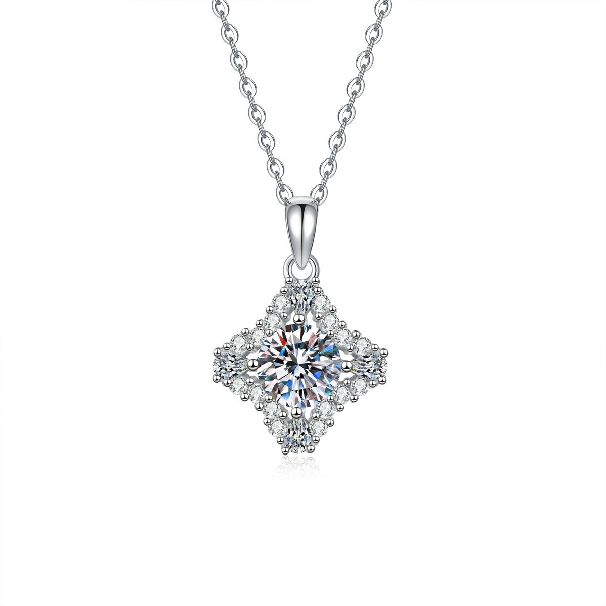 Kite Halo Moissanite Pendant Necklace with Cubic Zirconia in Platinum-Plated S925 Sterling Silver on clean white background showing the kite-shaped halo pendant with a round moissanite center