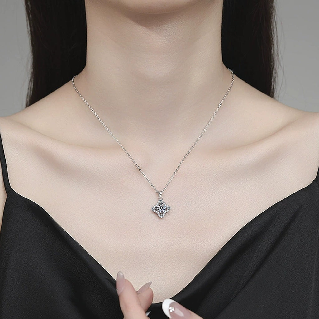 Kite Halo Moissanite Pendant Necklace with Cubic Zirconia in Platinum-Plated S925 Sterling Silver worn on neckline by model