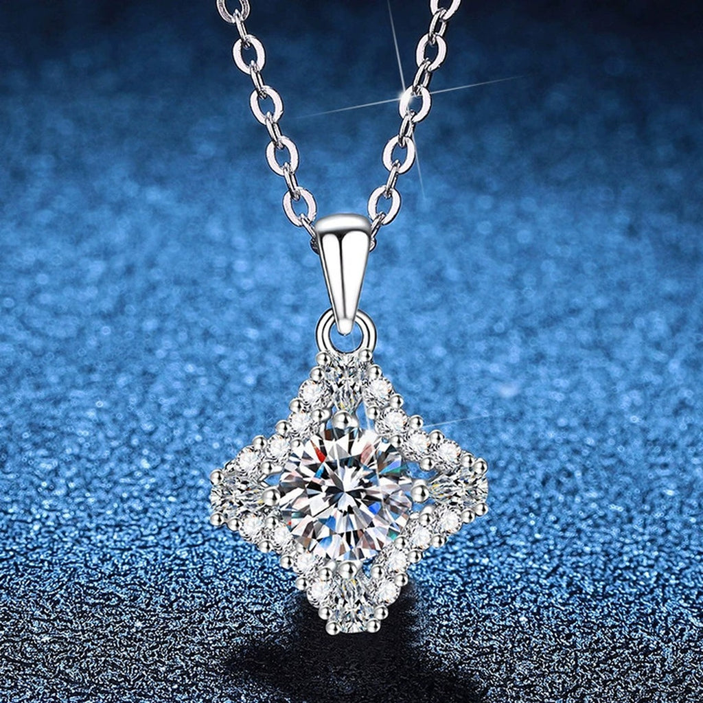 Kite Halo Moissanite Pendant Necklace with Cubic Zirconia in Platinum-Plated S925 Sterling Silver blue background product view