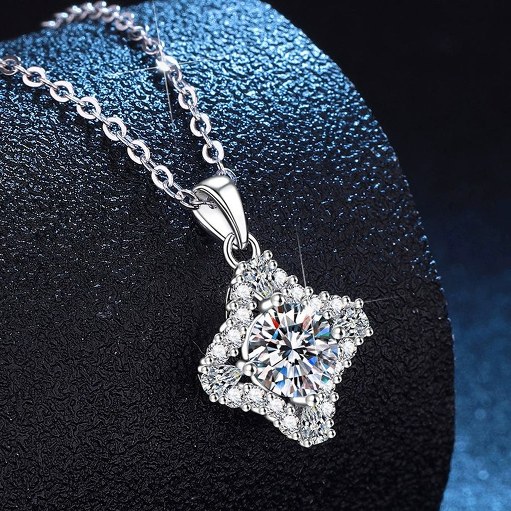 Kite Halo Moissanite Pendant Necklace with Cubic Zirconia in Platinum-Plated S925 Sterling Silver dark background product display view