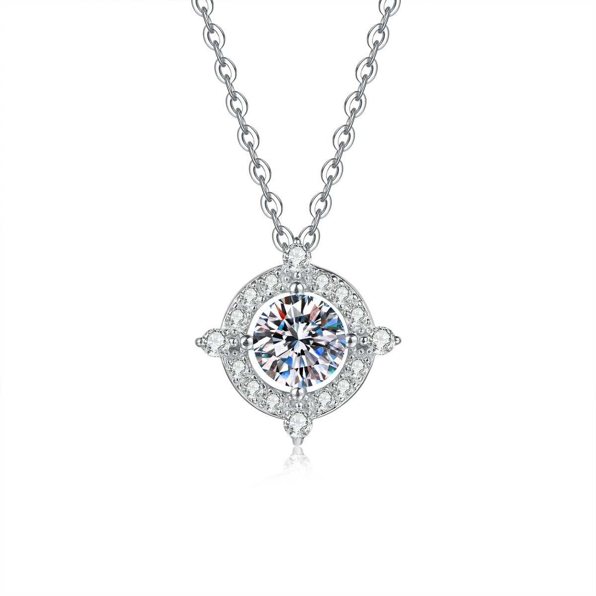 Compass Halo Moissanite Pendant Necklace with Cubic Zirconia in Platinum-Plated S925 Sterling Silver on clean white background showing the compass-inspired halo pendant with four-point cubic zirconia accents