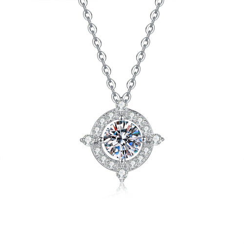 Compass Halo Moissanite Pendant Necklace with Cubic Zirconia in Platinum-Plated S925 Sterling Silver on clean white background showing the compass-inspired halo pendant with four-point cubic zirconia accents