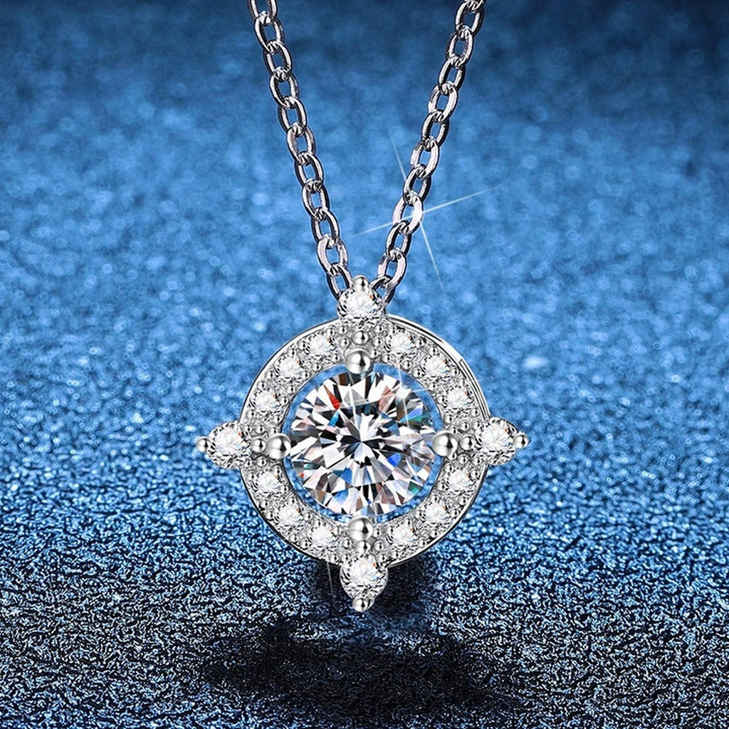 Compass Halo Moissanite Pendant Necklace with Cubic Zirconia in Platinum-Plated S925 Sterling Silver blue background product view