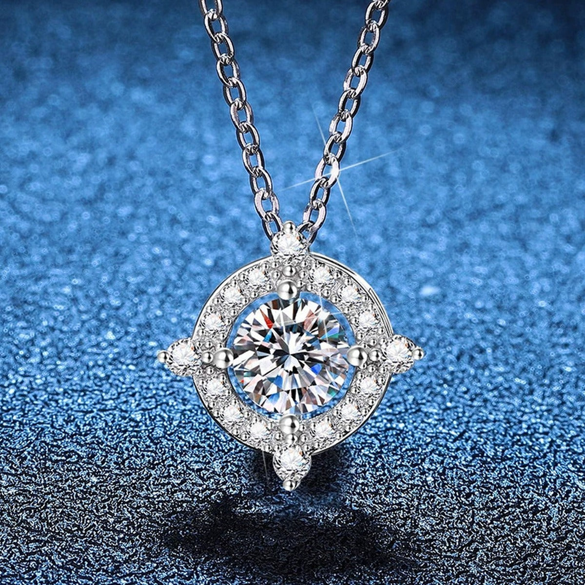 Compass Halo Moissanite Pendant Necklace with Cubic Zirconia in Platinum-Plated S925 Sterling Silver blue background product view
