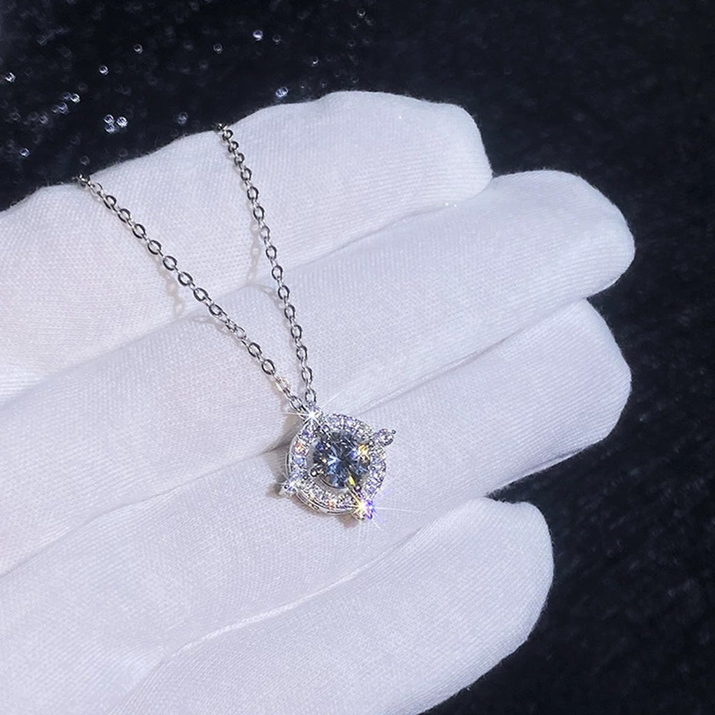 Compass Halo Moissanite Pendant Necklace with Cubic Zirconia in Platinum-Plated S925 Sterling Silver dark background product display view
