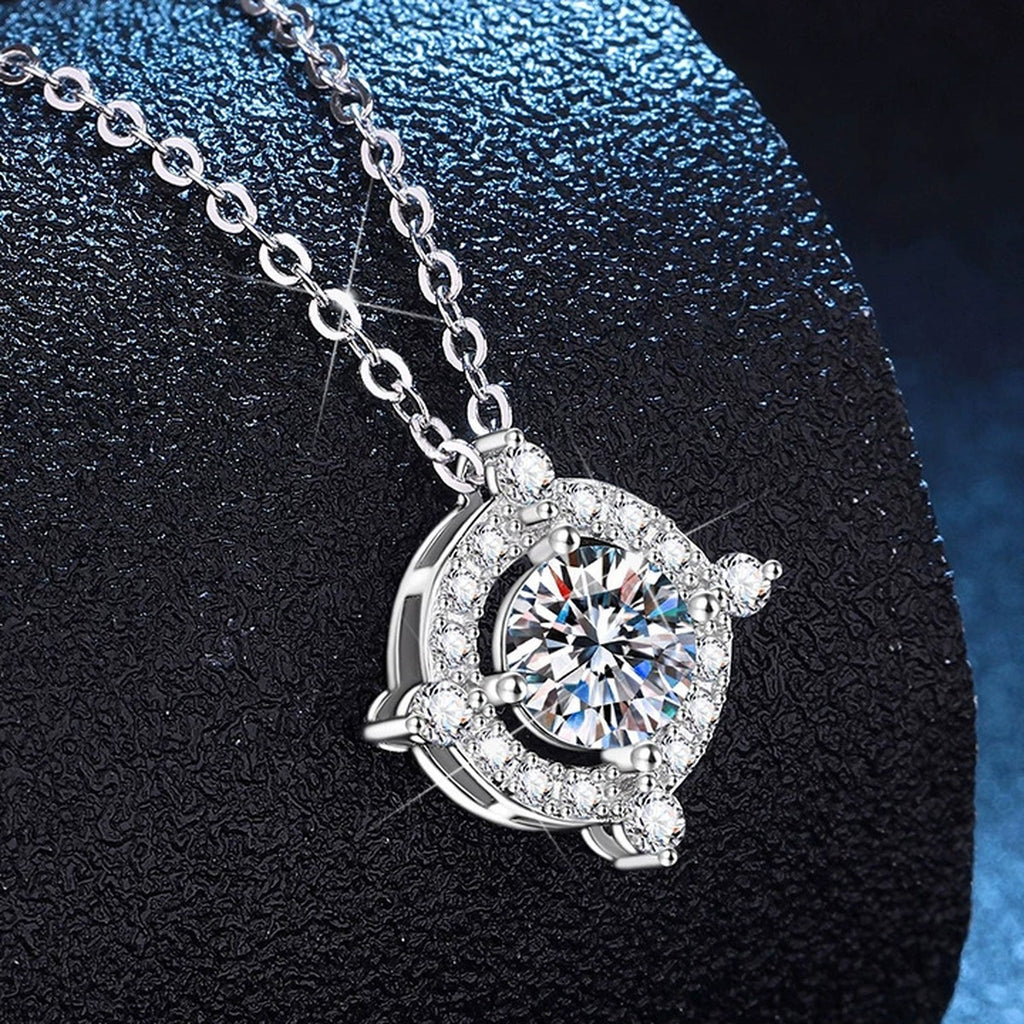 Compass Halo Moissanite Pendant Necklace with Cubic Zirconia in Platinum-Plated S925 Sterling Silver dark background product display view