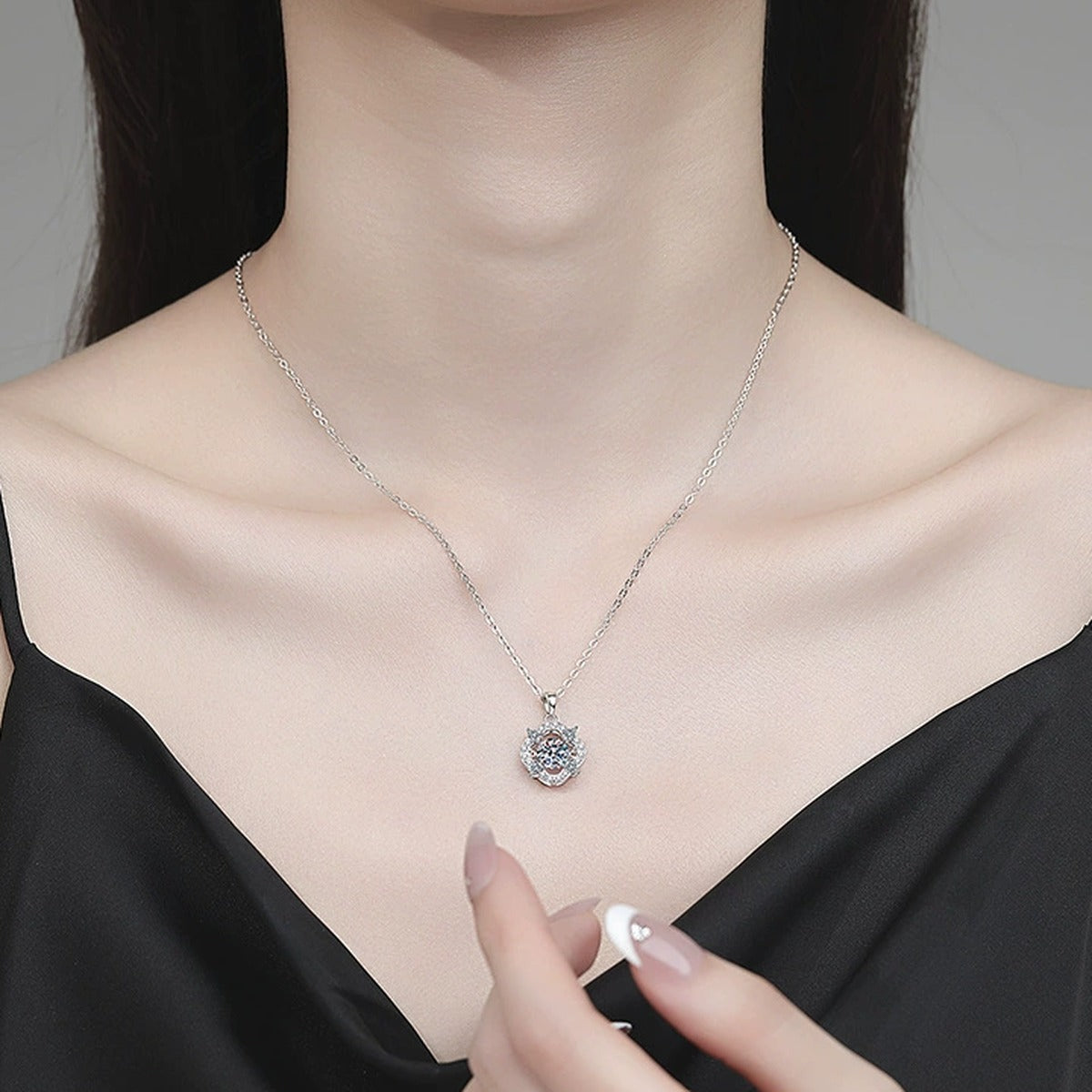 Floral Round Moissanite Pendant Necklace with Cubic Zirconia in Platinum-Plated S925 Sterling Silver worn on neckline by model