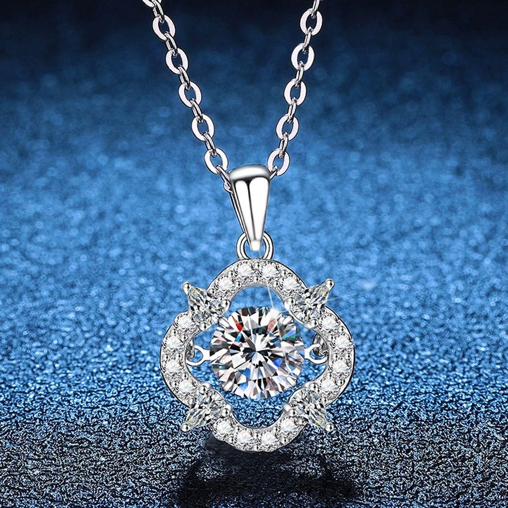 Floral Round Moissanite Pendant Necklace with Cubic Zirconia in Platinum-Plated S925 Sterling Silver blue background product view