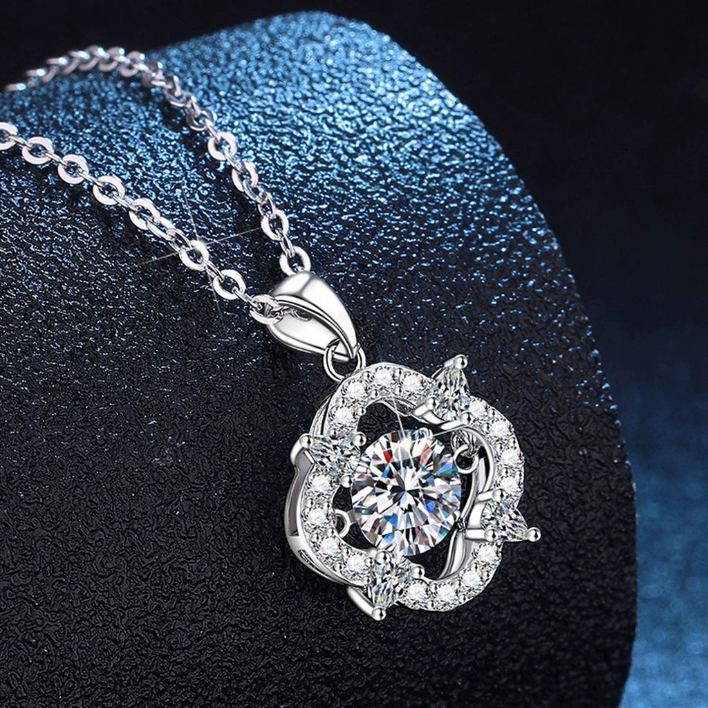 Floral Round Moissanite Pendant Necklace with Cubic Zirconia in Platinum-Plated S925 Sterling Silver dark background product display view