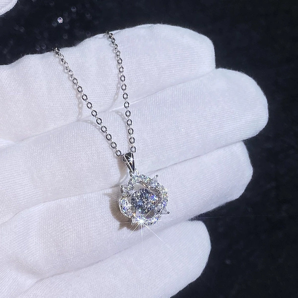 Floral Round Moissanite Pendant Necklace with Cubic Zirconia in Platinum-Plated S925 Sterling Silver dark background product display view