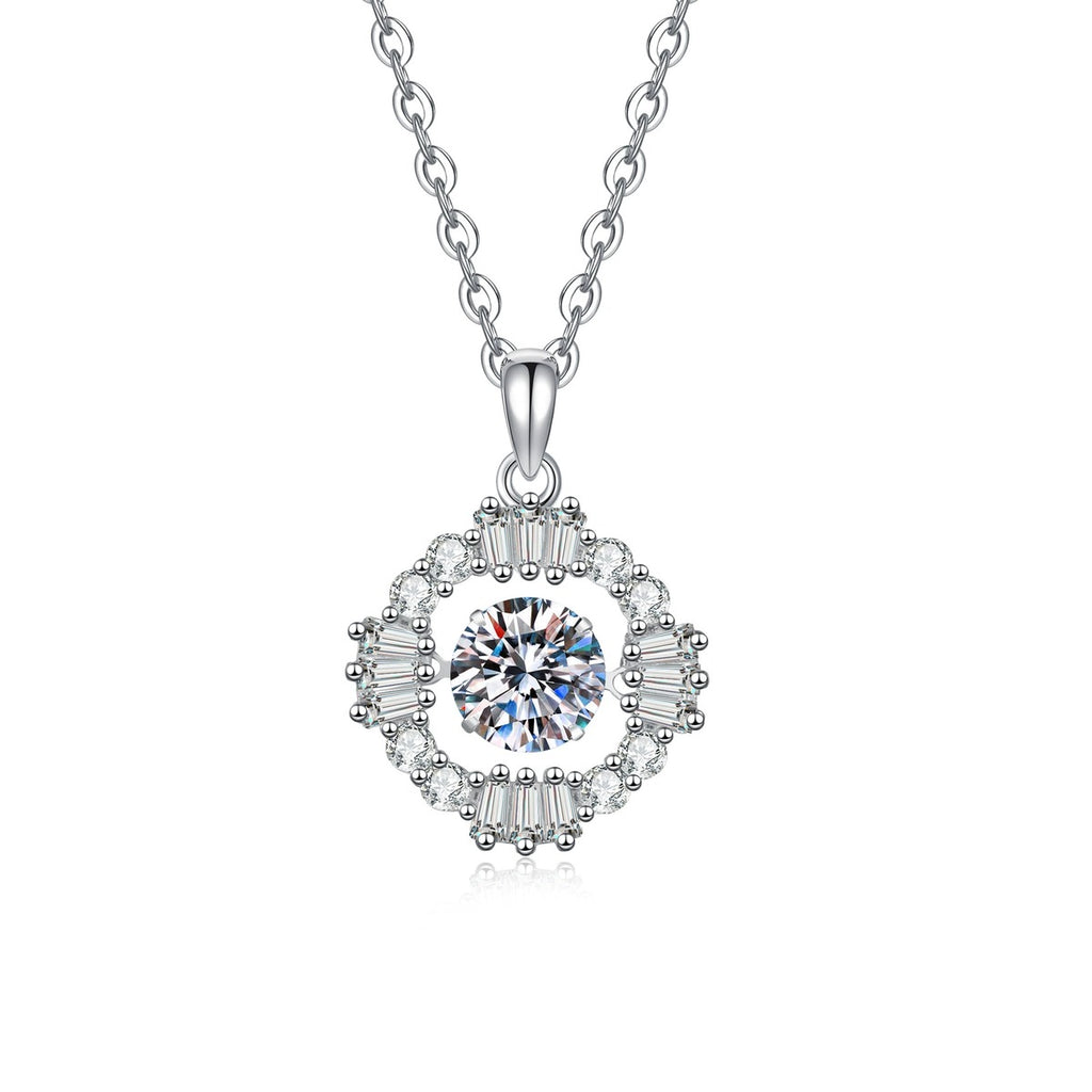 Vintage Round Moissanite Pendant Necklace with Cubic Zirconia in Platinum-Plated S925 Sterling Silver on clean white background showing the vintage round halo pendant with baguette-like cubic zirconia detail