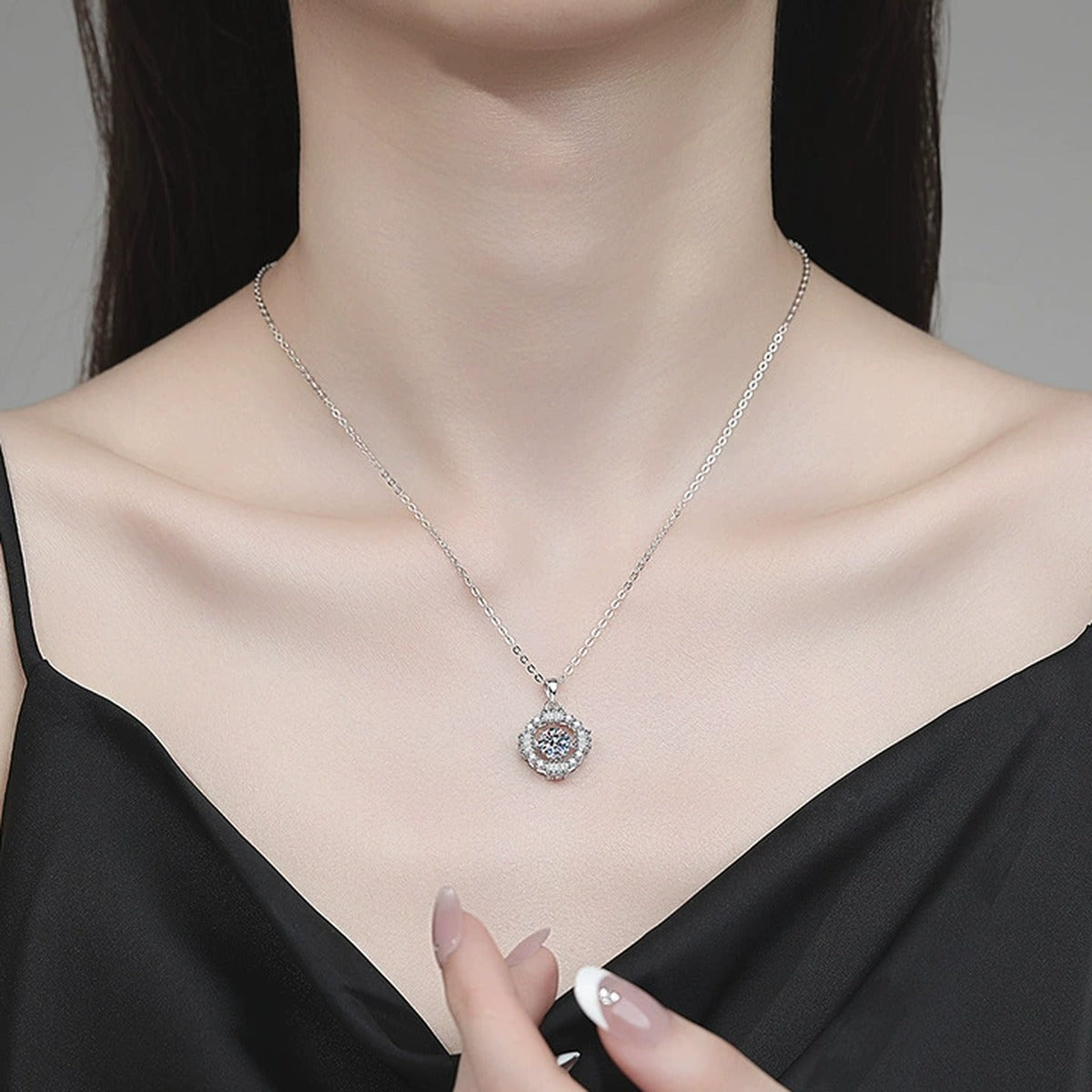 Vintage Round Moissanite Pendant Necklace with Cubic Zirconia in Platinum-Plated S925 Sterling Silver worn on neckline by model