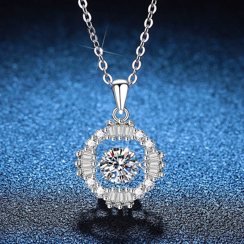 Vintage Round Moissanite Pendant Necklace with Cubic Zirconia in Platinum-Plated S925 Sterling Silver blue background product view