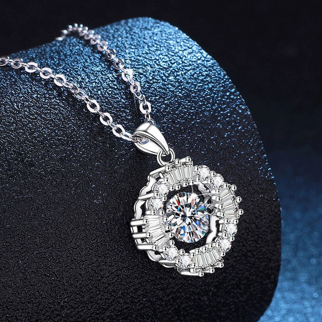 Vintage Round Moissanite Pendant Necklace with Cubic Zirconia in Platinum-Plated S925 Sterling Silver dark background product display view