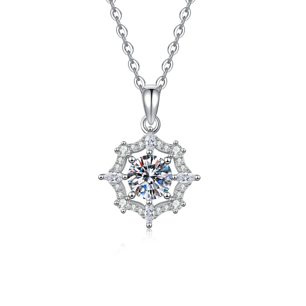 Starburst Moissanite Pendant Necklace with Cubic Zirconia in Platinum-Plated S925 Sterling Silver on clean white background showing the starburst halo pendant with a round moissanite center