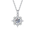 Starburst Moissanite Pendant Necklace with Cubic Zirconia in Platinum-Plated S925 Sterling Silver on clean white background showing the starburst halo pendant with a round moissanite center