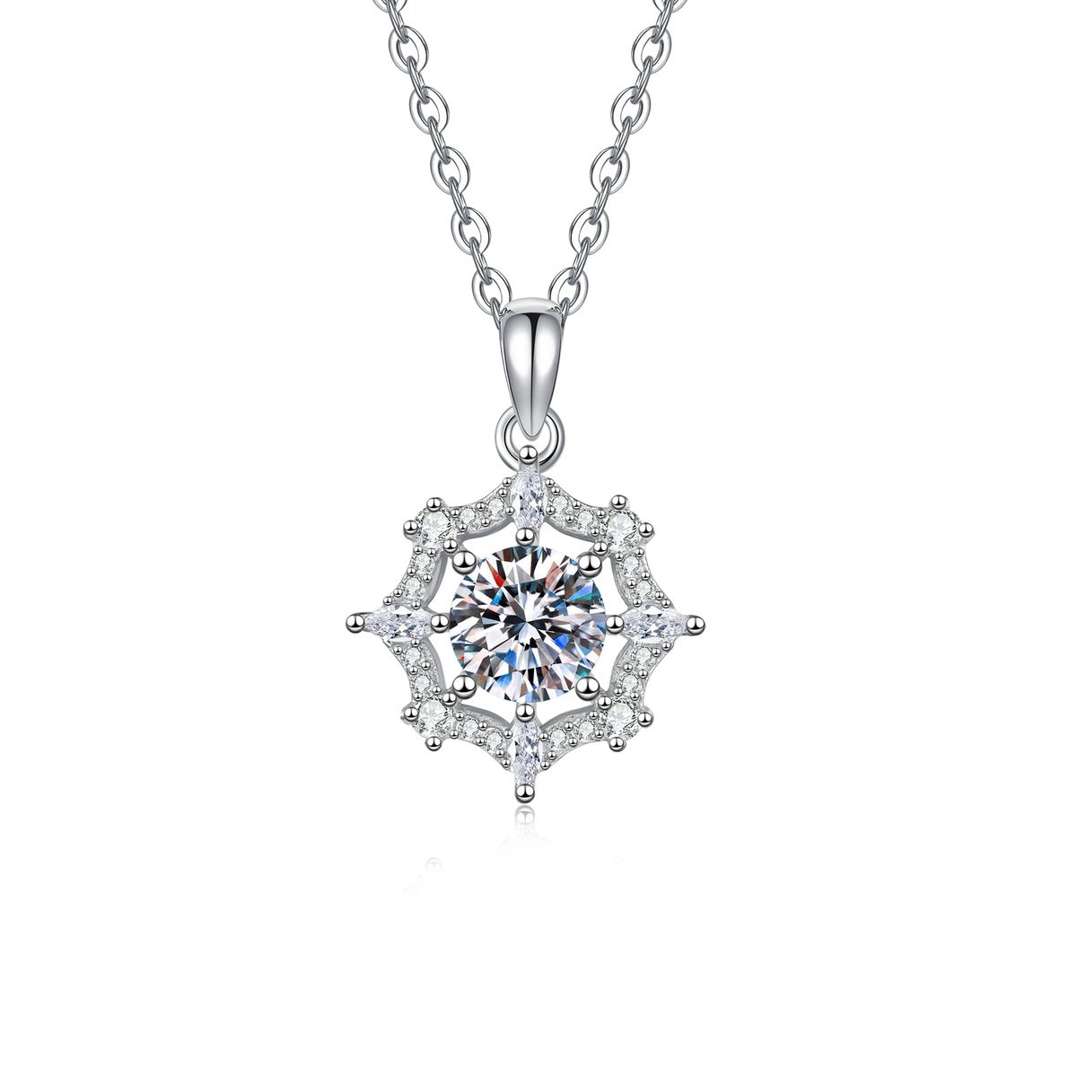Starburst Moissanite Pendant Necklace with Cubic Zirconia in Platinum-Plated S925 Sterling Silver on clean white background showing the starburst halo pendant with a round moissanite center