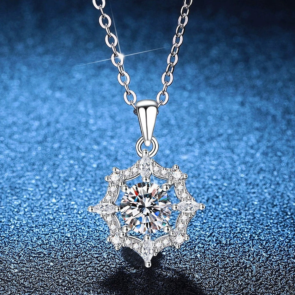 Starburst Moissanite Pendant Necklace with Cubic Zirconia in Platinum-Plated S925 Sterling Silver blue background product view