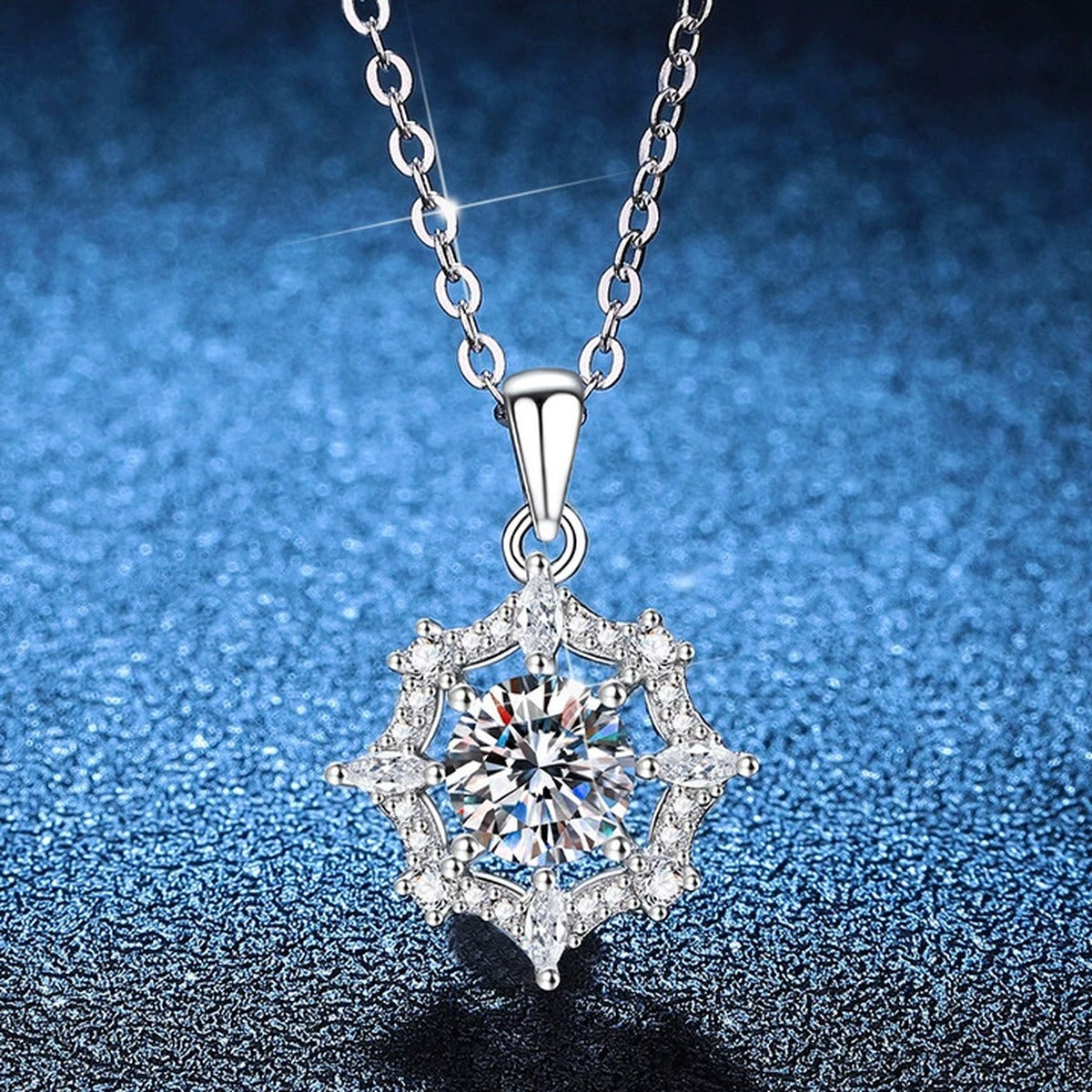 Starburst Moissanite Pendant Necklace with Cubic Zirconia in Platinum-Plated S925 Sterling Silver blue background product view