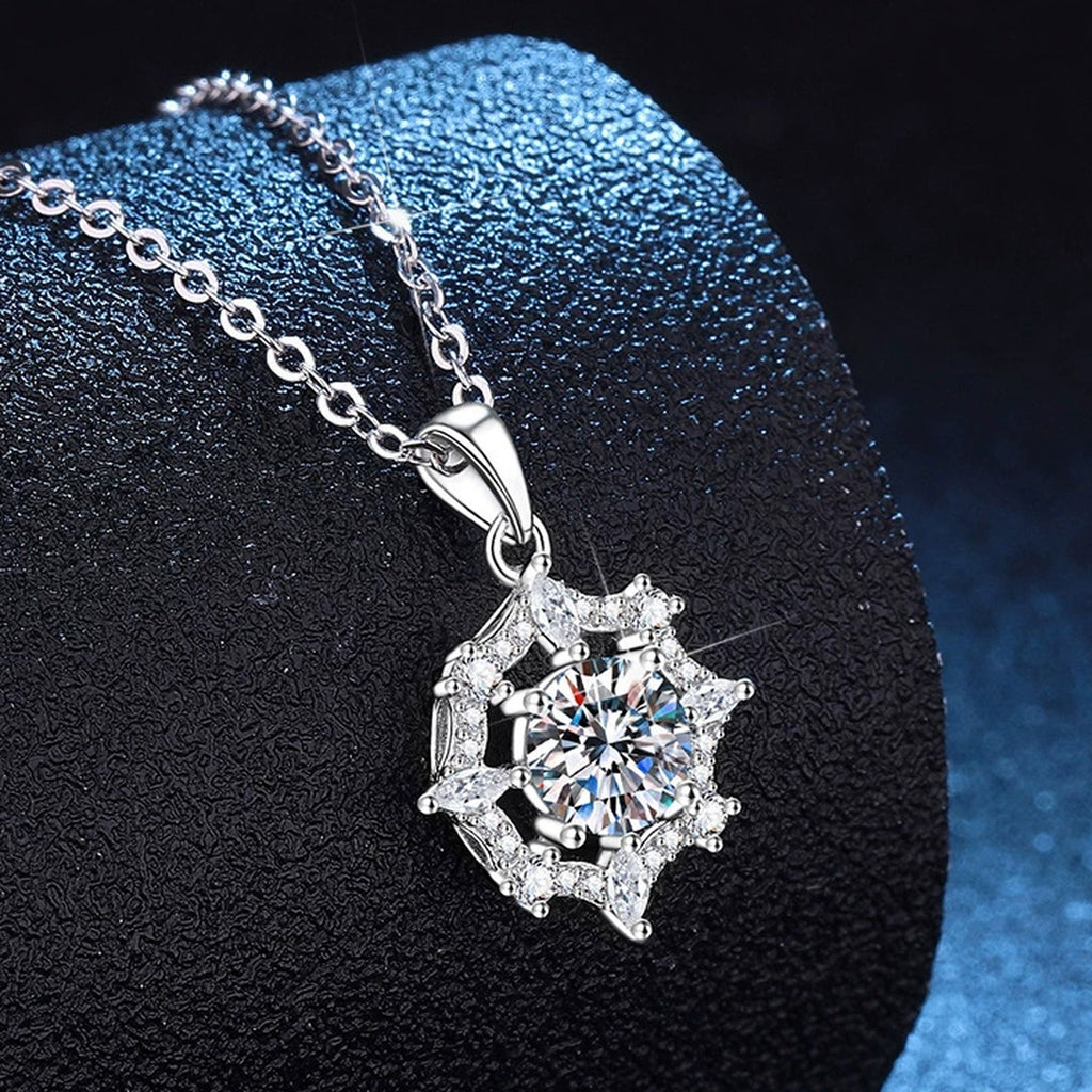 Starburst Moissanite Pendant Necklace with Cubic Zirconia in Platinum-Plated S925 Sterling Silver dark background product display view