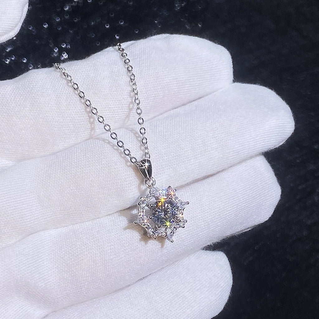 Starburst Moissanite Pendant Necklace with Cubic Zirconia in Platinum-Plated S925 Sterling Silver dark background product display view