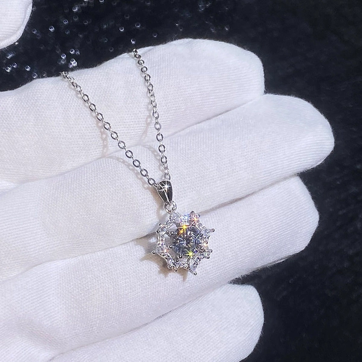Starburst Moissanite Pendant Necklace with Cubic Zirconia in Platinum-Plated S925 Sterling Silver dark background product display view
