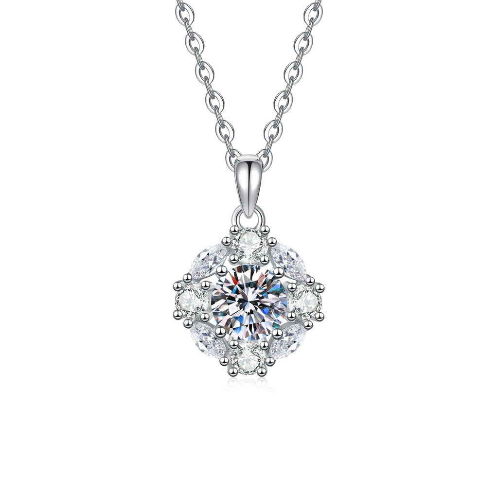 Floral Cluster Moissanite Pendant Necklace with Cubic Zirconia in Platinum-Plated S925 Sterling Silver on clean white background showing the floral cluster pendant with layered cubic zirconia petals