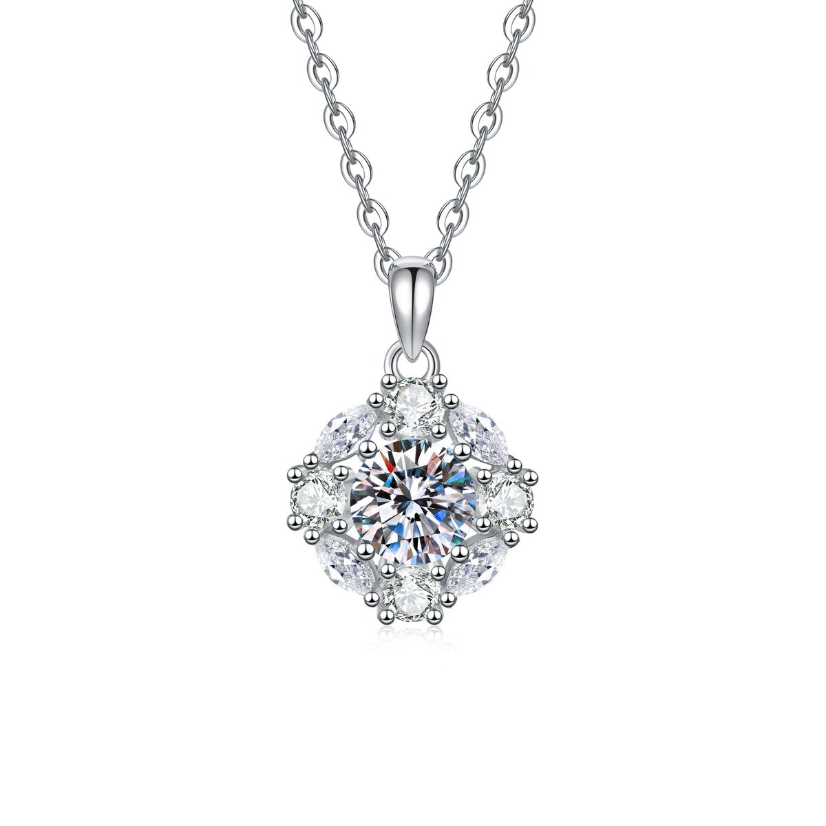 Floral Cluster Moissanite Pendant Necklace with Cubic Zirconia in Platinum-Plated S925 Sterling Silver on clean white background showing the floral cluster pendant with layered cubic zirconia petals
