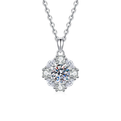 Floral Cluster Moissanite Pendant Necklace with Cubic Zirconia in Platinum-Plated S925 Sterling Silver on clean white background showing the floral cluster pendant with layered cubic zirconia petals