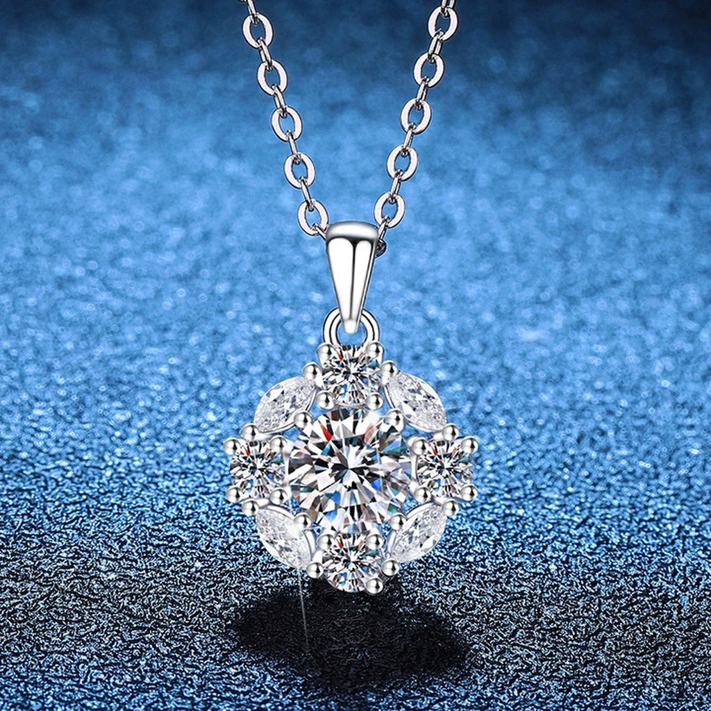 Floral Cluster Moissanite Pendant Necklace with Cubic Zirconia in Platinum-Plated S925 Sterling Silver blue background product view