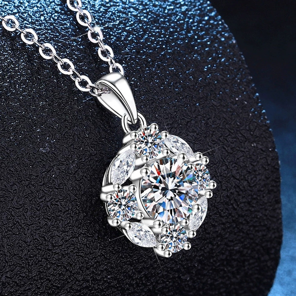 Floral Cluster Moissanite Pendant Necklace with Cubic Zirconia in Platinum-Plated S925 Sterling Silver dark background product display view