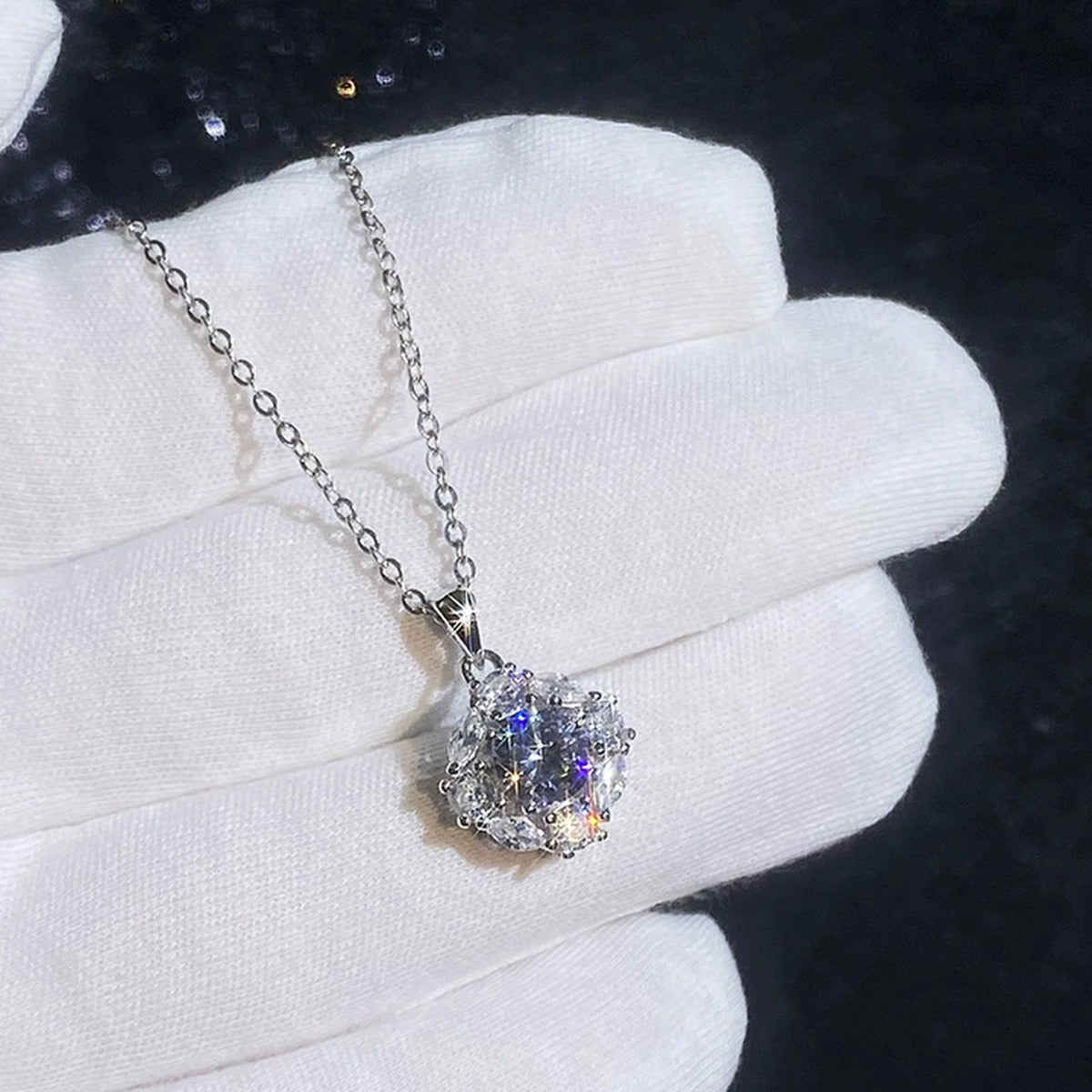 Floral Cluster Moissanite Pendant Necklace with Cubic Zirconia in Platinum-Plated S925 Sterling Silver dark background product display view