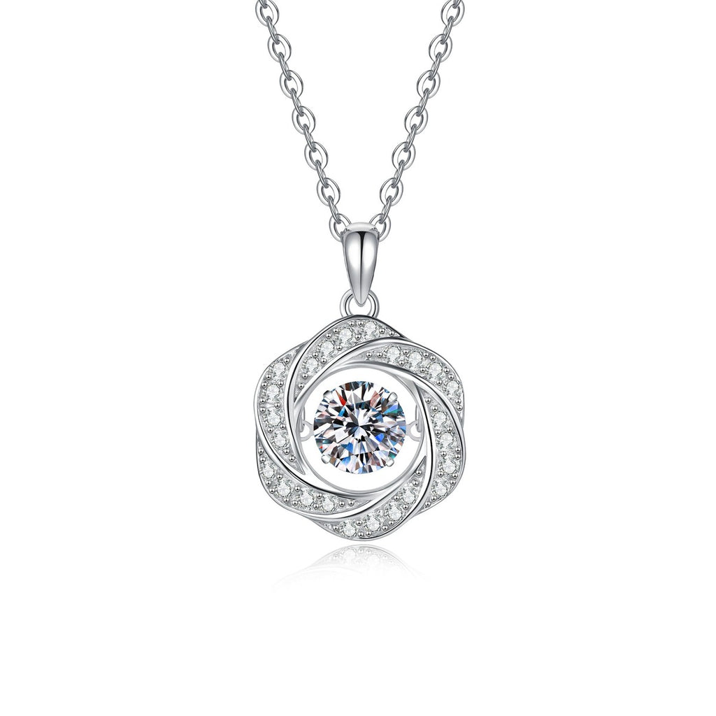 Round Cage Moissanite Pendant Necklace with Cubic Zirconia in Platinum-Plated S925 Sterling Silver on clean white background showing the round cage pendant with an openwork cubic zirconia frame