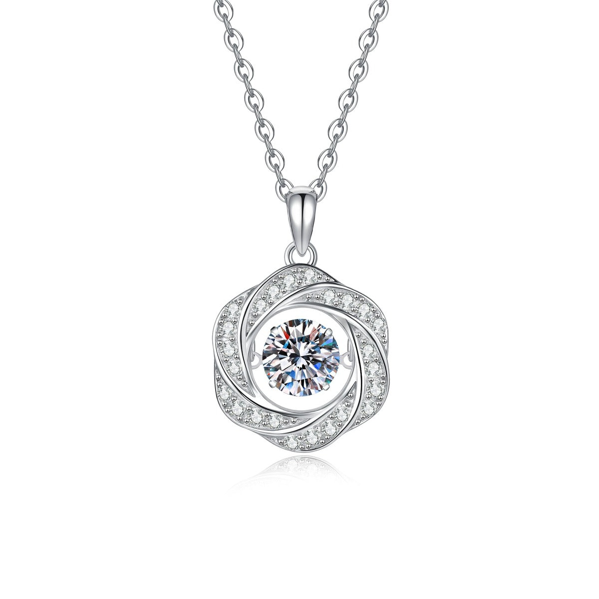 Round Cage Moissanite Pendant Necklace with Cubic Zirconia in Platinum-Plated S925 Sterling Silver on clean white background showing the round cage pendant with an openwork cubic zirconia frame
