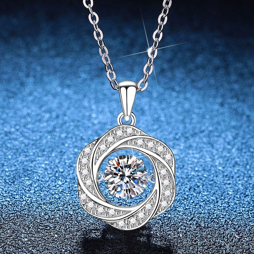 Round Cage Moissanite Pendant Necklace with Cubic Zirconia in Platinum-Plated S925 Sterling Silver blue background product view