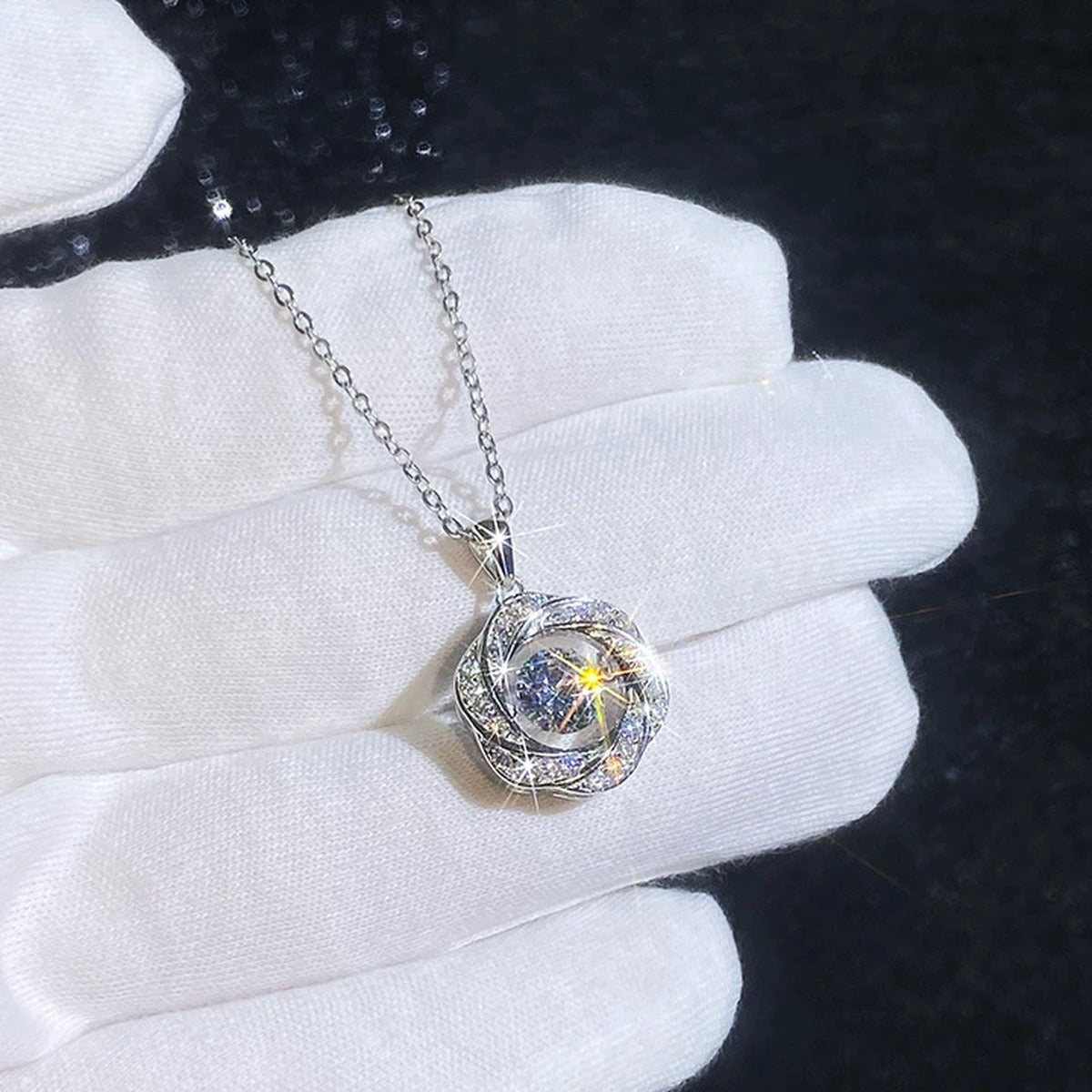 Round Cage Moissanite Pendant Necklace with Cubic Zirconia in Platinum-Plated S925 Sterling Silver dark background product display view